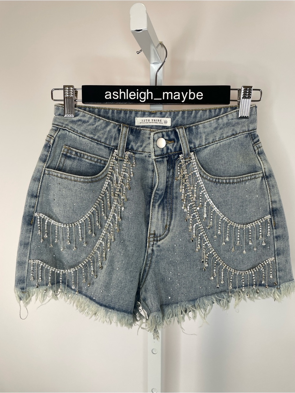12th Tribe | Love Thing Rhinestone Fringe Denim Cutoff Shorts Size XS - Picture 2 of 9